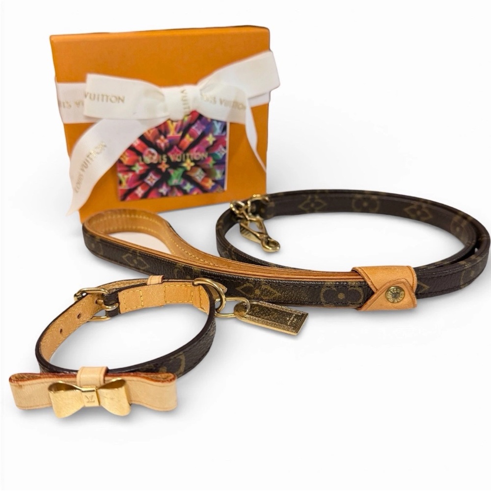 Louis Vuitton Brown and Tan Dog Collar and Leash Set with box